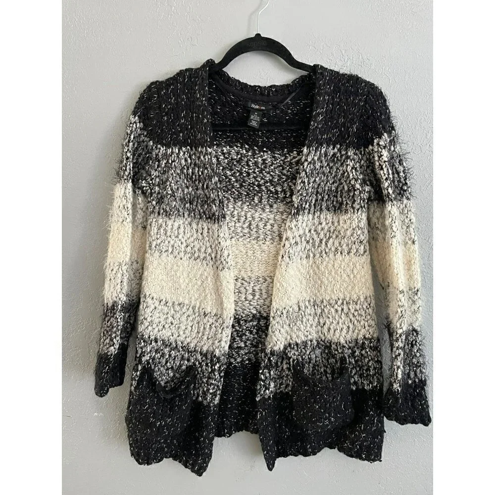 STYLE & CO WOMENS BLACK WHITE FUZZY OPEN FRONT CARDIGAN SIZE M